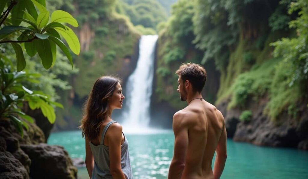 A woman and a man stand near a waterfall, surrounded by lush greenery, with clear blue water in the background.