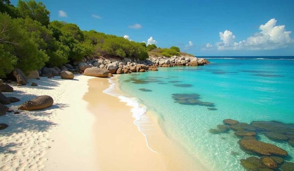 A serene beach with clear turquoise water, a sandy shore, scattered rocks in the water, and lush green vegetation on the left. Puffy white clouds dot the blue sky.