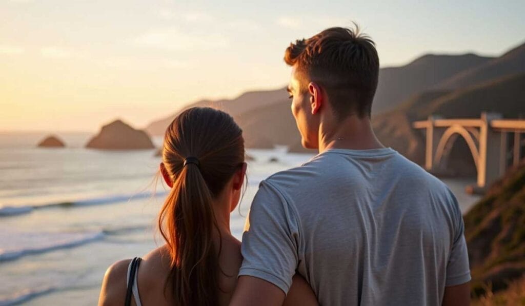 A man and woman stand close together, backs facing the camera, as they overlook an ocean view with a distant bridge at sunset.