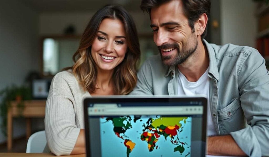 A man and woman smile while looking at a laptop screen displaying a world map.