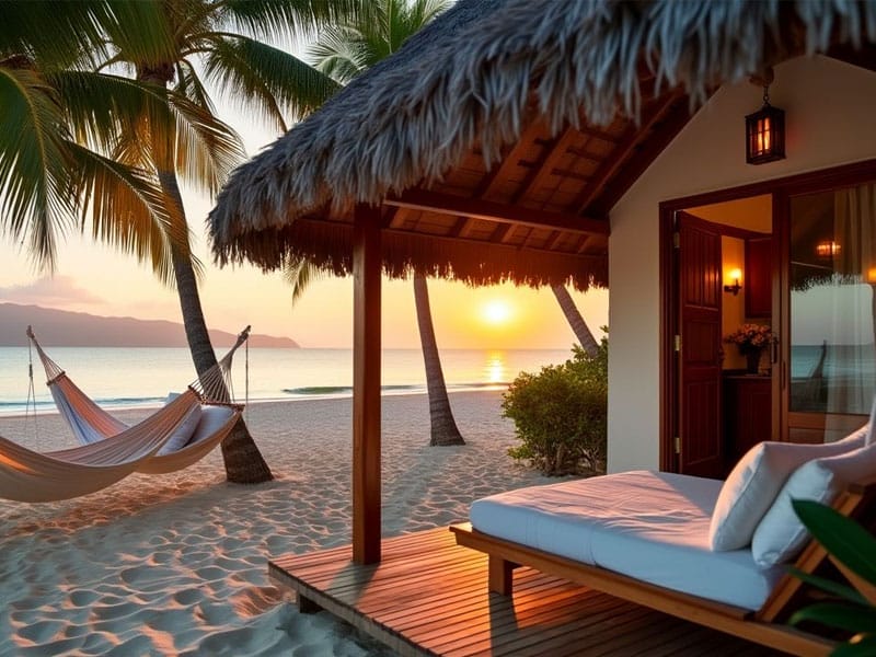 A beachfront bungalow with a thatched roof, a hammock, and a lounge chair faces a sunset over the ocean, with palm trees adding to the tropical setting.