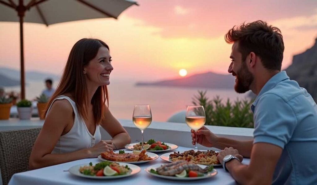 A couple enjoys dinner with wine at an outdoor restaurant overlooking a sunset and mountainous landscape.