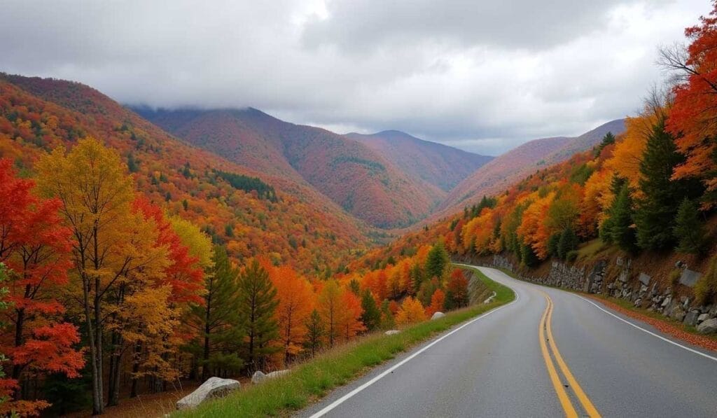 A winding road cuts through Blue Ridge Parkway with autumn foliage in vibrant hues of red, orange, and yellow under a cloudy sky.