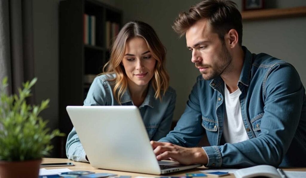 Two people sit at a desk, both focused on a laptop in front of them. There are bookshelves and a plant in the background.