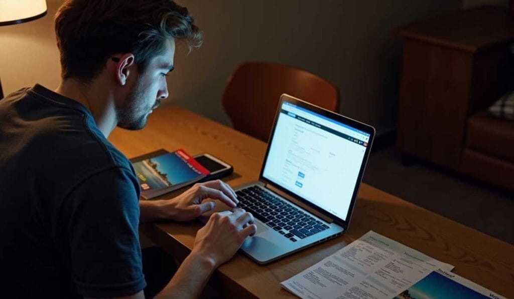 A man sits at a wooden desk using a laptop, surrounded by documents, a smartphone, and a book.