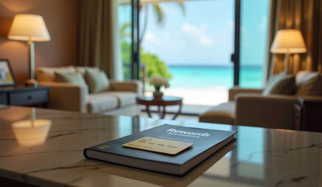 A rewards credit card sits on a closed book in a room with modern furnishings, a large window overlooks a tropical beach with clear blue water and palm trees.