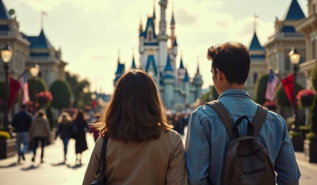 Two people with backpacks walk towards a castle surrounded by people and flags on a sunny day.