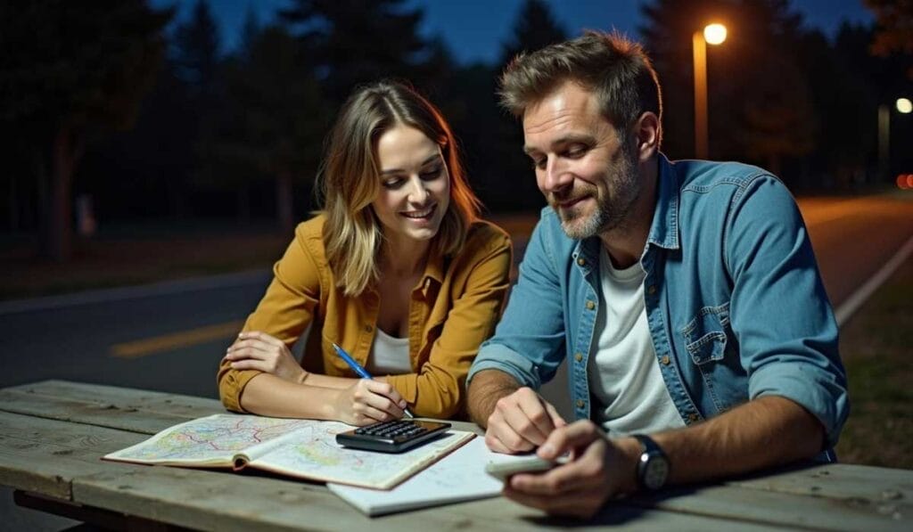 A man and a woman sit at an outdoor table in the evening, reviewing papers and a map, with a road and trees in the background.