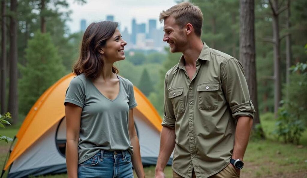 A man and woman stand smiling at each other in front of an orange and white tent in a wooded area, with a city skyline visible in the background.