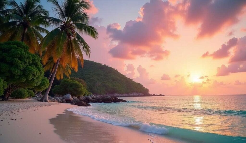 Sunset view of a tropical beach with palm trees, gentle waves, and a lush green hill in the background under a colorful sky.