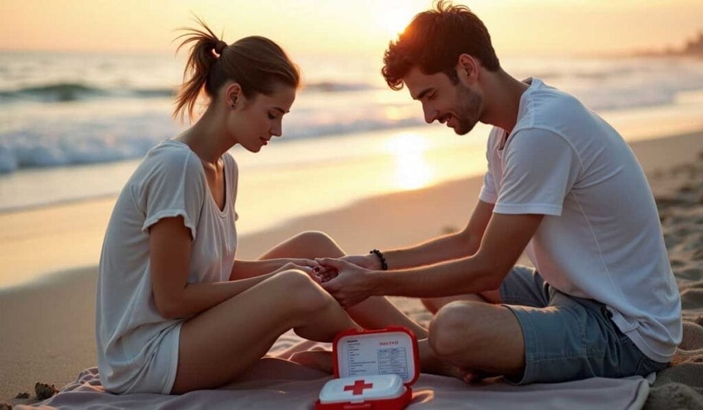 A man tends to a woman's hand on a beach at sunset, with a first aid kit open beside them.