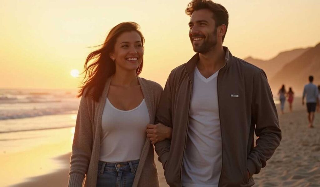 A couple walks arm in arm on a beach during sunset, smiling and looking at each other. Other people can be seen walking in the distance near the shoreline.