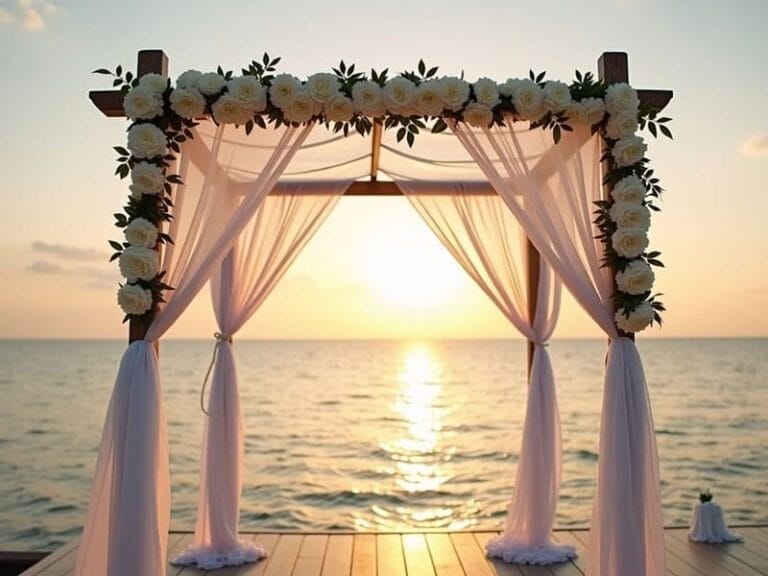 A wooden wedding arch decorated with white flowers and flowing drapes stands on a platform by the sea, with the sun setting in the background.