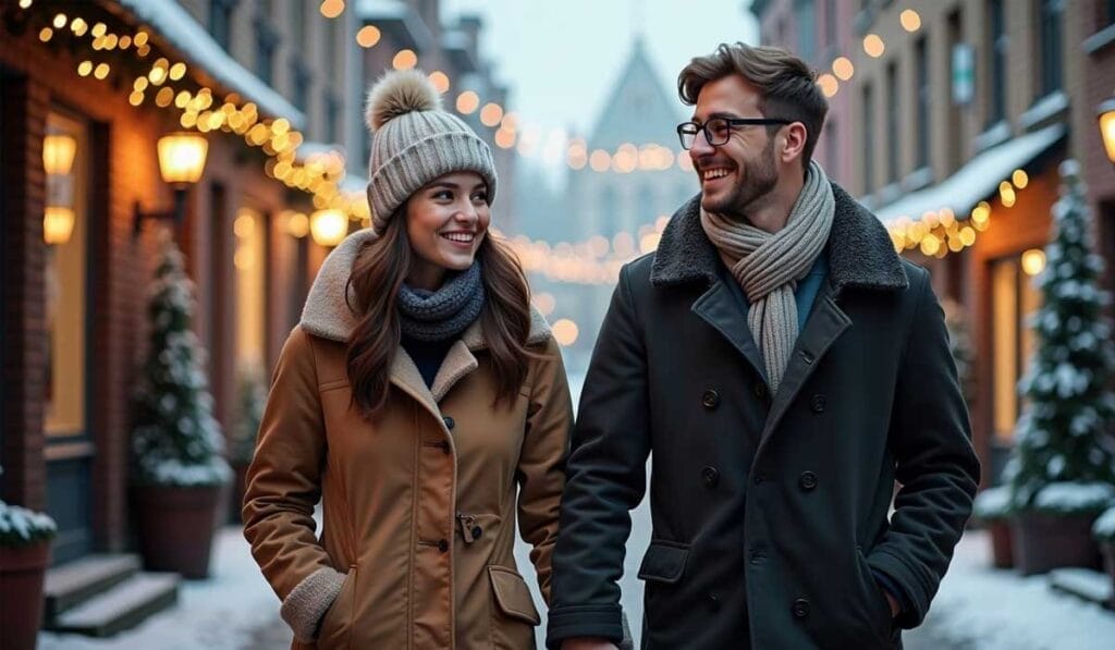 A man and woman, both dressed in winter coats and scarves, walk hand in hand on a snow-covered street decorated with string lights. The scene conveys a festive atmosphere.