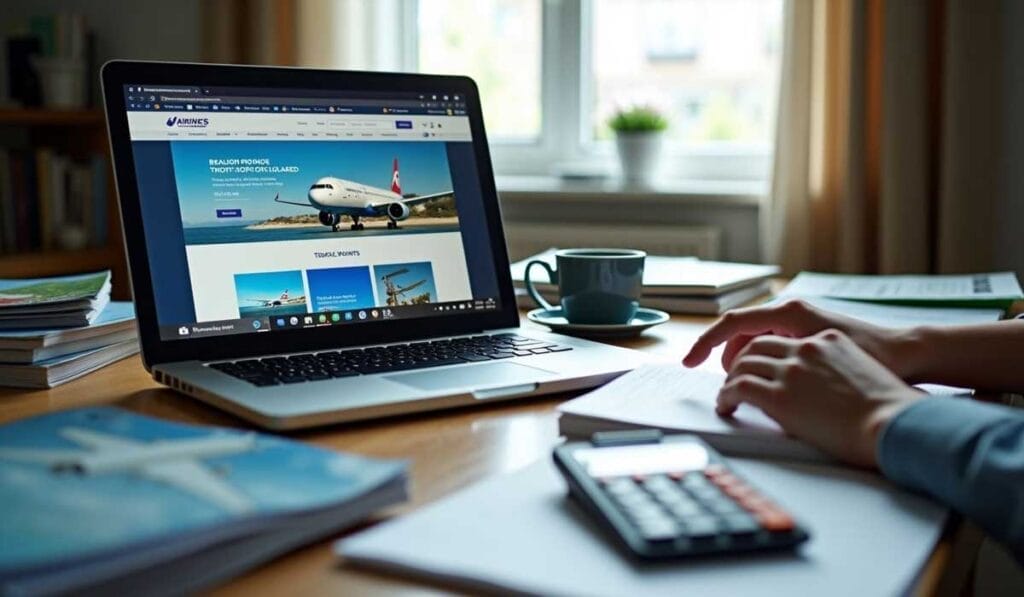 Open laptop on a desk displaying an airline ticket booking website. Hands are typing on a keyboard, surrounded by documents, a calculator, a coffee cup, and a bright room setting.