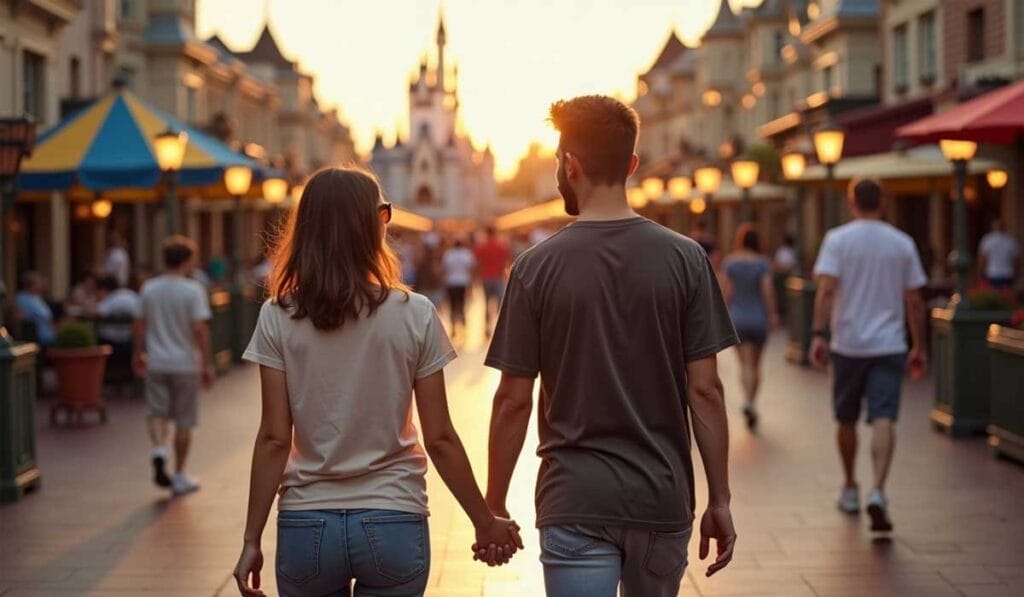 A couple holds hands while walking down a bustling street at sunset, with a castle in the distance.