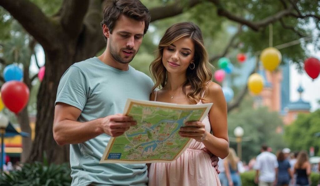 A man and a woman look at a map while standing outdoors in a park with colorful balloons hanging from trees in the background.