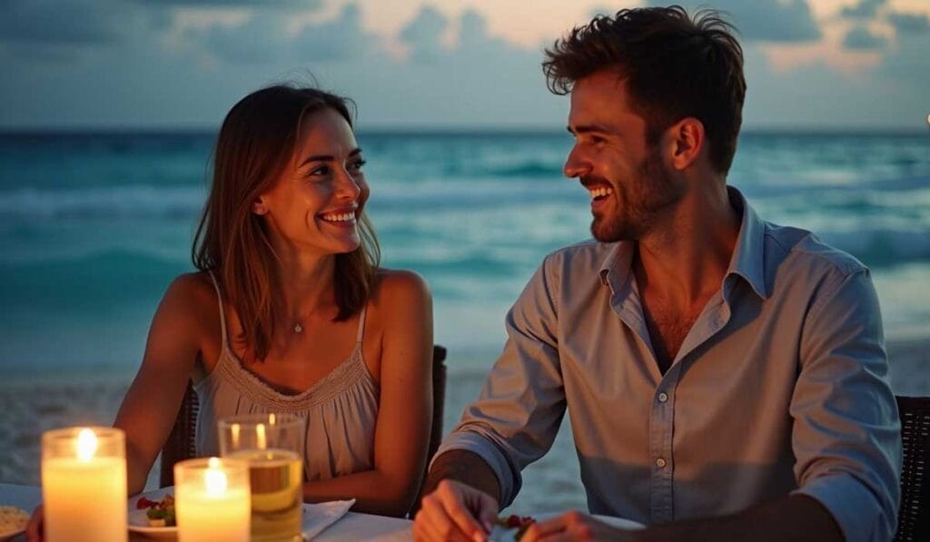 A couple sits at a candlelit dinner table on a beach with the ocean and a sunset in the background.