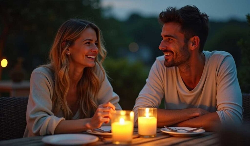 A woman and a man smile at each other while sitting at an outdoor table illuminated by candlelight.