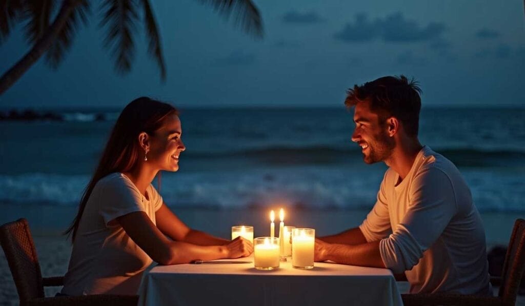 A couple sits at a candlelit table on a beach at dusk, smiling at each other under the palm trees and evening sky.