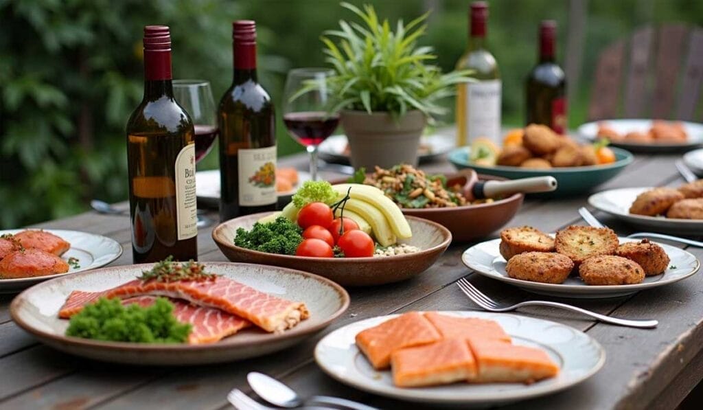 A table set with various dishes including salmon, vegetables, meat entrees, and three bottles of red wine.