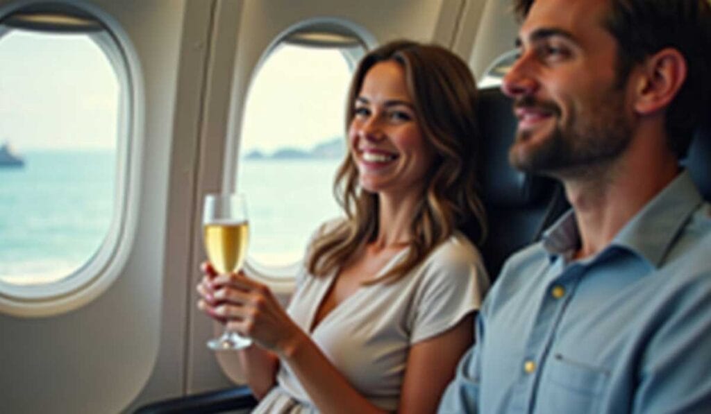 A woman and a man sit on an airplane, smiling. The woman is holding a glass of champagne.