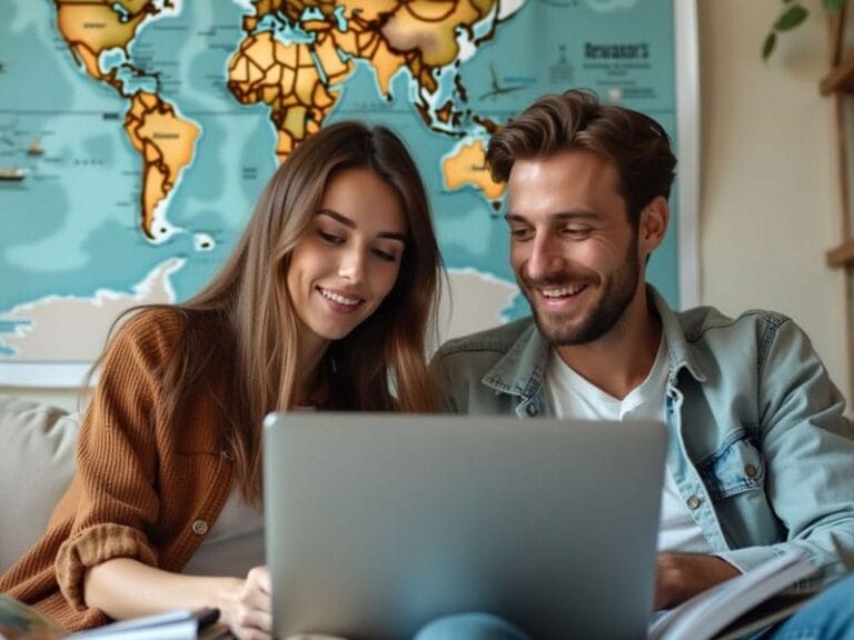 A man and a woman sit together on a couch, smiling and looking at a laptop. A world map is displayed on the wall behind them.