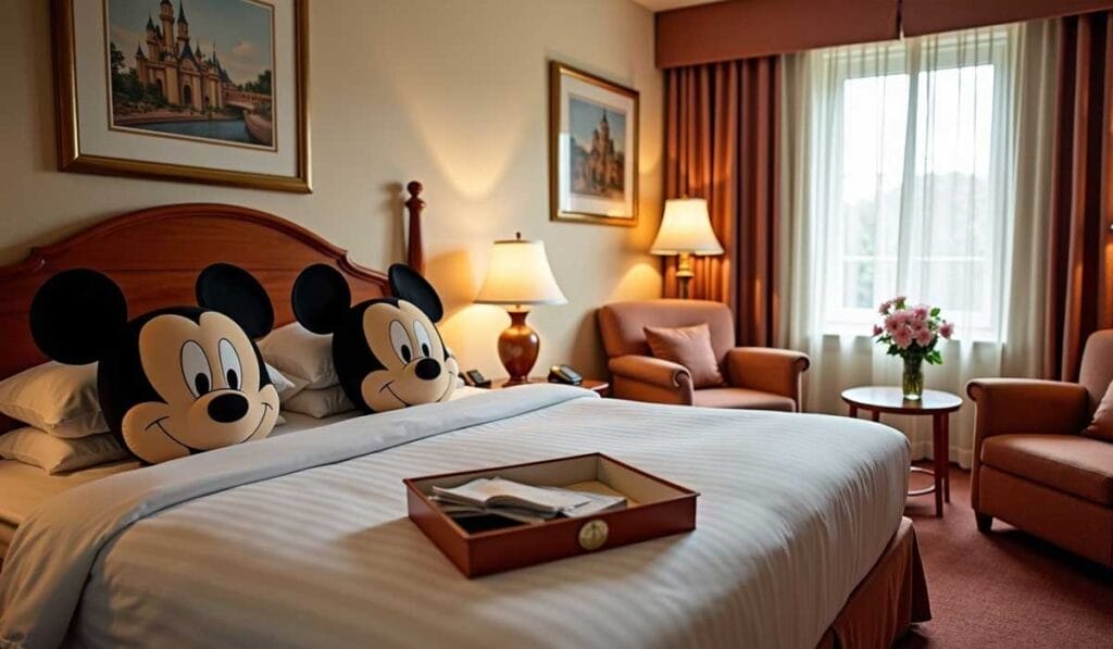 Hotel room with a double bed, two pillows featuring Mickey Mouse faces, armchairs, a window with drapes, framed Disney-themed art, and a side table with a book and tray.