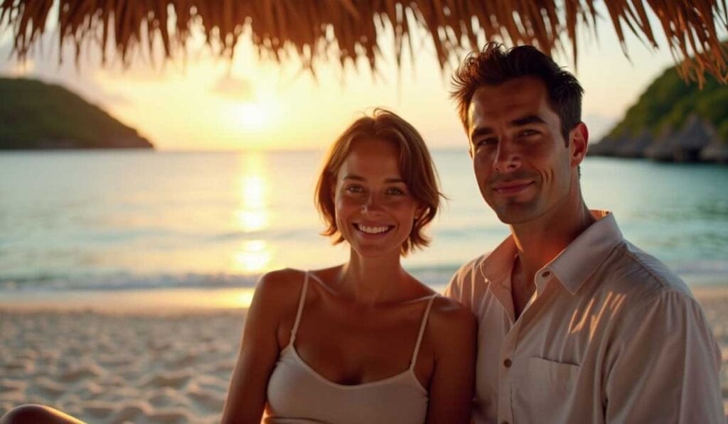 A smiling couple sits under a thatched roof on a beach at sunset, with the ocean and distant hills in the background.