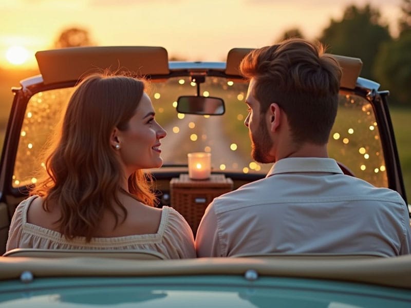 A couple sits in a convertible at sunset, gazing at each other with smiles. The scenery in the background is blurred, focusing the attention on the pair inside the car.