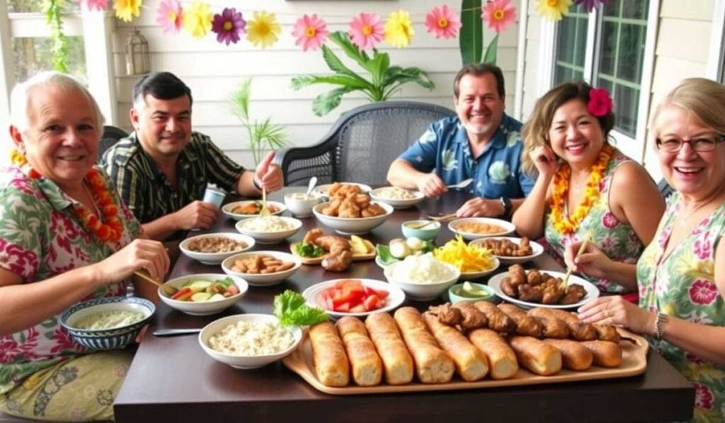 A group of five people sit around a table outdoors, enjoying a meal together. The table is filled with various dishes, including bread, rice, vegetables, and meats. Colorful decorations hang above.