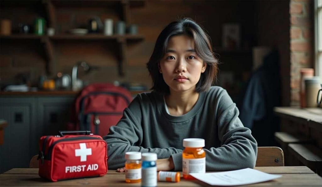 A person sits at a table with a red first aid kit and several medication bottles, displaying a focused expression against a dimly lit background with various items on shelves.