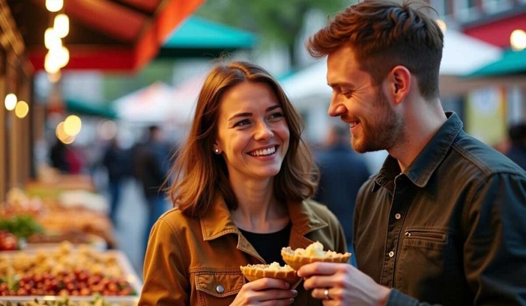 A man and a woman smile and hold food while standing in an outdoor market. Stalls with fruits and vegetables are visible in the background.