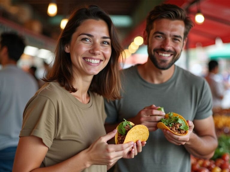 Two people smiling and holding tacos under string lights in a market setting.