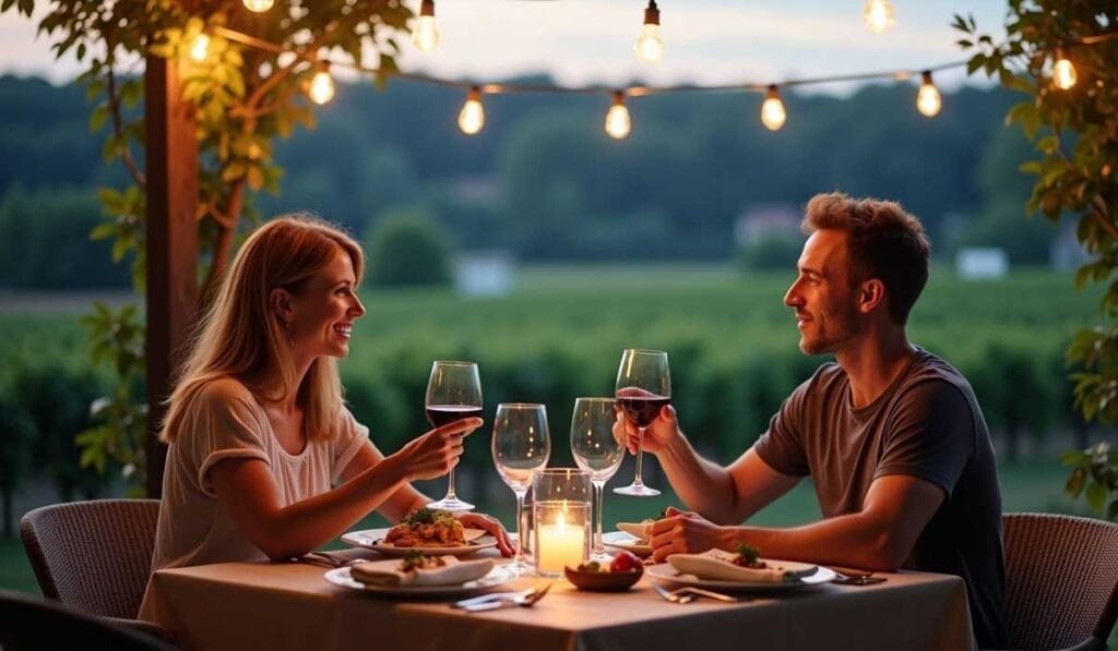 A couple sits at an outdoor table, dining and holding wine glasses with a vineyard visible in the background. The table is adorned with dishes, glasses, and a lit candle, surrounded by string lights.