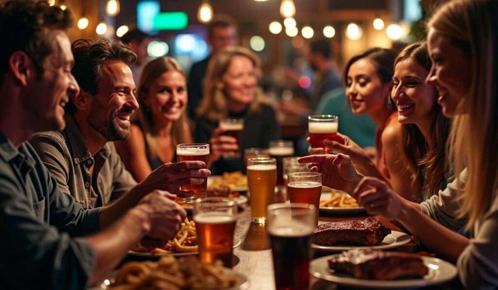 A group of people are seated at a wooden table in a dimly lit restaurant, enjoying drinks and food, engaged in lively conversation and laughter.