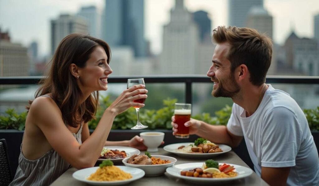 A man and a woman dining together outdoors with a city skyline in the background, enjoying food and drinks while smiling at each other.