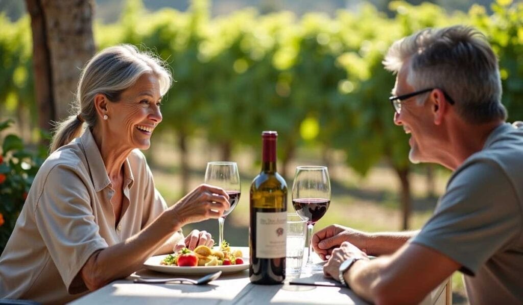 Two individuals enjoying a meal and red wine at an outdoor table in a vineyard setting.