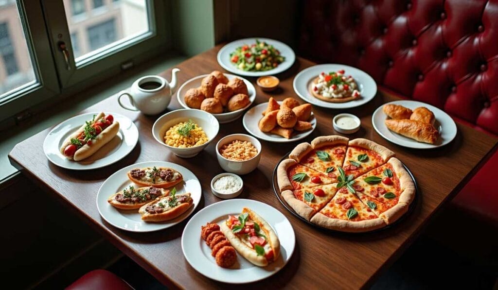 A table with various dishes including a pizza, hot dogs, bowls of salad, bread rolls, and other plates of food, near a window with a teapot and condiments in the background.