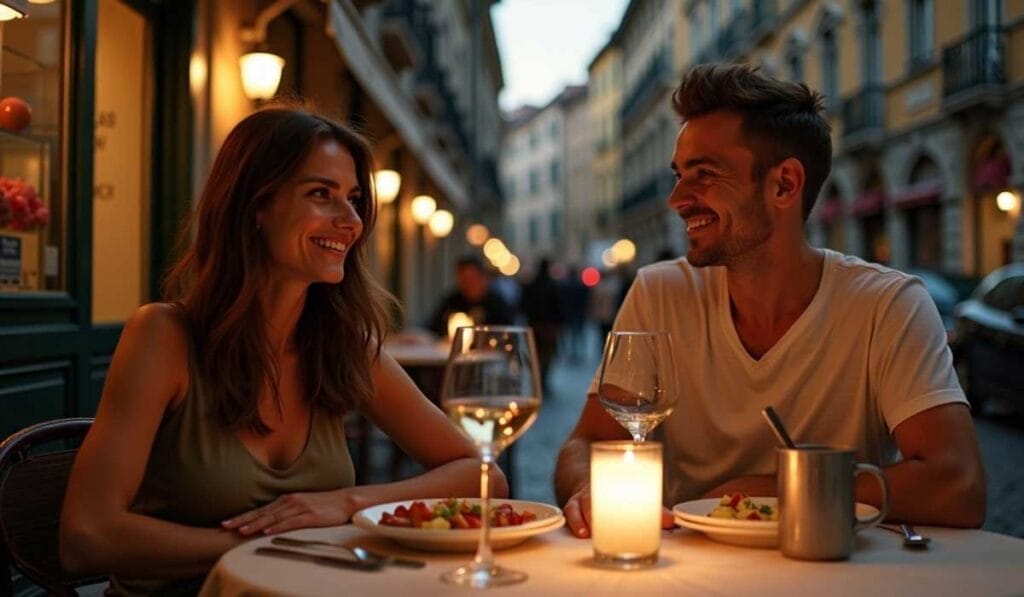 A man and woman sit at an outdoor restaurant table with food and drinks, smiling at each other with a candle lit between them. The setting is a narrow street with buildings and evening light.