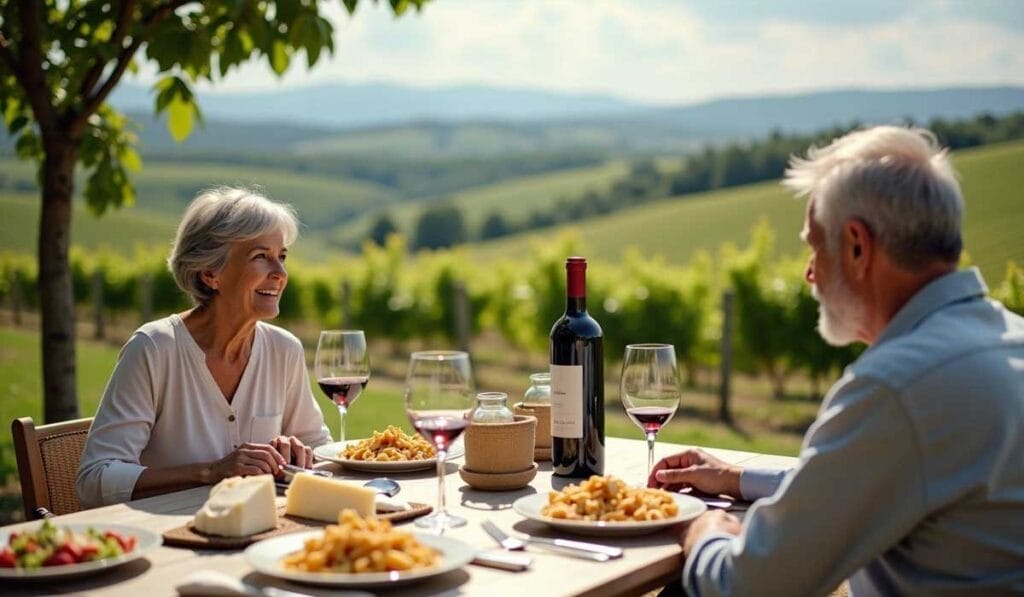 An elderly couple is dining at an outdoor table set with wine, cheese, and pasta dishes, with a scenic vineyard in the background.