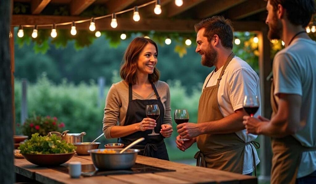 Three people in aprons stand in an outdoor kitchen holding glasses of wine, surrounded by cooking ingredients and utensils. String lights are above them, and greenery is visible in the background.