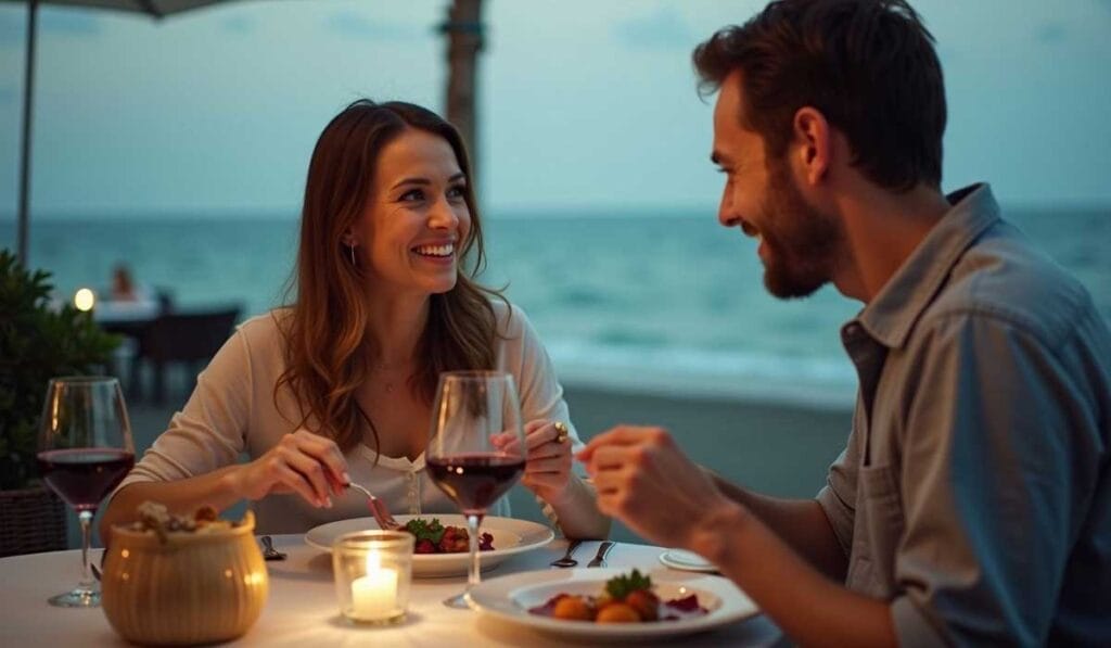 A couple is dining outdoors at a beachside restaurant during the evening, with both having wine and food on the table. The ocean is visible in the background.