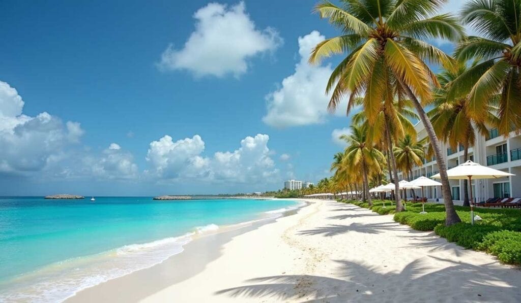 A sandy beach with clear turquoise water, long rows of palm trees, white lounge chairs, and umbrellas under a blue sky with scattered clouds.