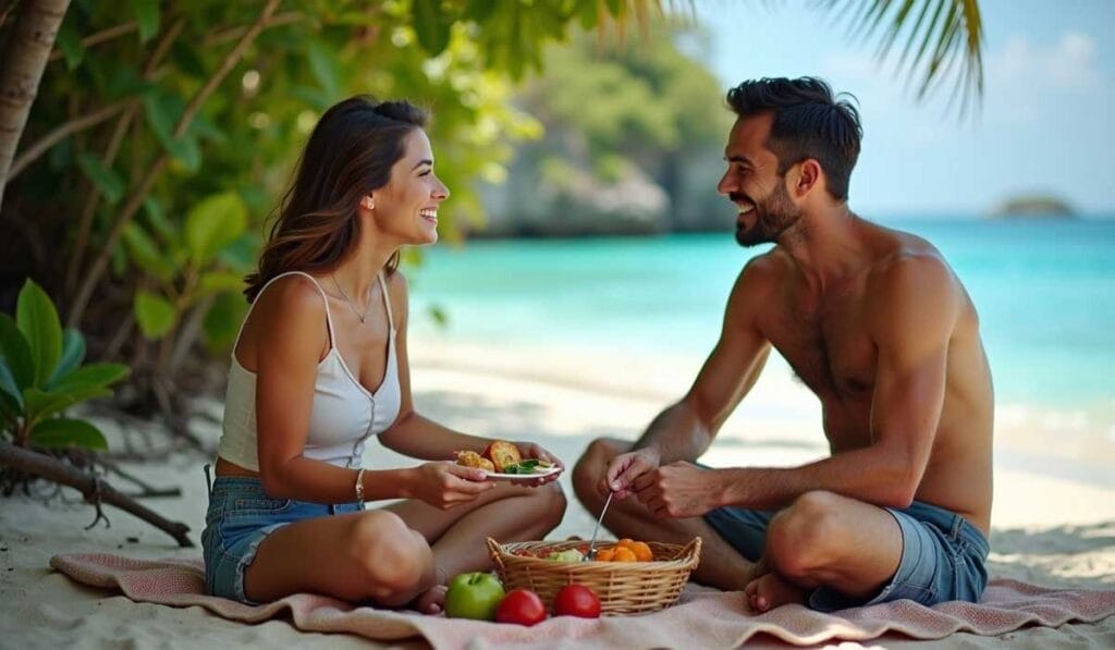 A man and woman sitting on sandy beach near the ocean, enjoying a picnic with a basket of food.