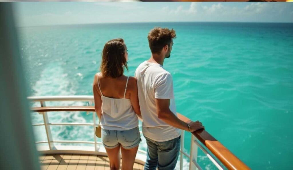 A couple stands on a boat deck, looking at the turquoise ocean water under a clear sky.