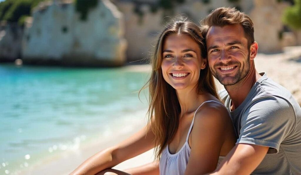 A smiling couple poses together on a sandy beach with clear turquoise water and rocky cliffs in the background.