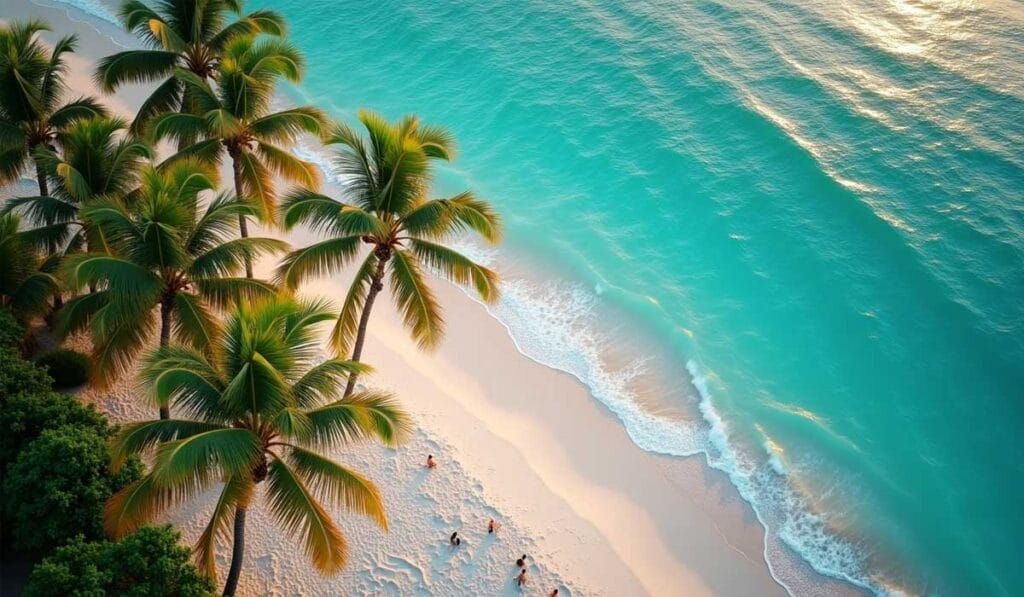 Aerial view of a beach with turquoise water, white sand, palm trees, and people relaxing by the shore.