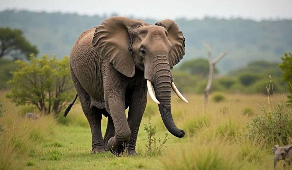 An elephant with long tusks walks through a grassy landscape dotted with bushes and trees in the background.