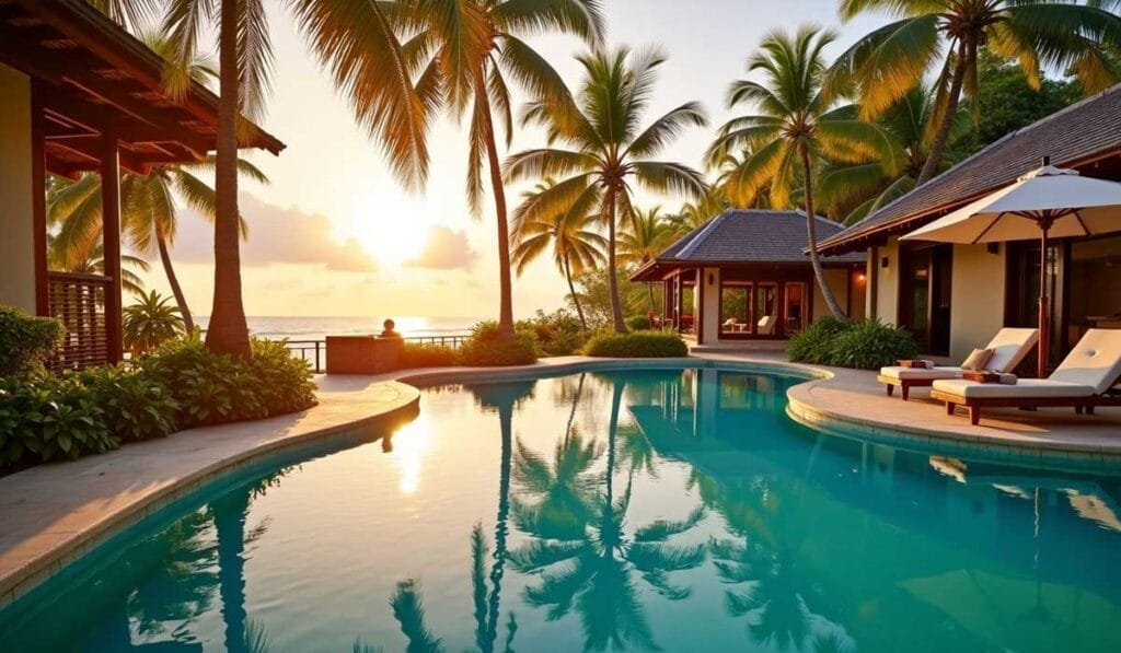 A tropical resort features a curved pool surrounded by palm trees, lounge chairs, and cozy huts. The sun sets over the ocean in the background, casting a warm, golden light over the scene.